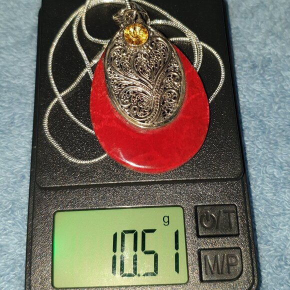 Bold Samuel B Sterling Silver Genuine Red Coral & Citrine Statement Pendant - Picture 9 of 10